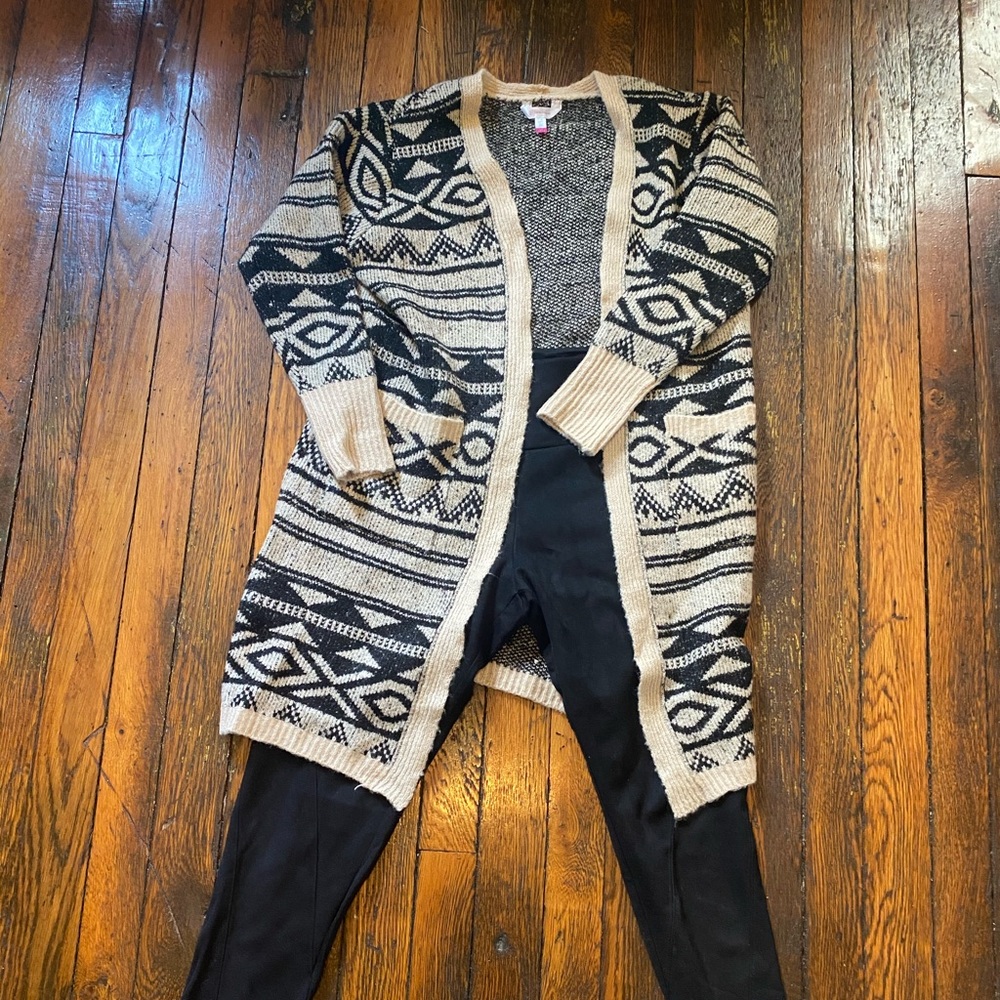 Black and White Aztec Cardigan Black suede Pants